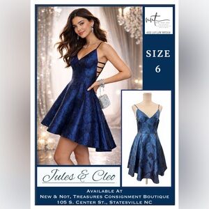 Jules & Cleo David’s Bridal Blue Jacquard Mini Dress Size 6 Pockets Prom Formal
